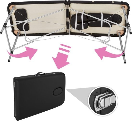 tectake - Aluminium-Massagetisch 2 Zonen, Massagetisch 4cm Matratze, klappbarer Massagetisch, höhenverstellbarer Aluminium-Massagetisch, tragbarer Massagetisch inklusive Zubehör, Aluminium-Kopfstütze, Armlehne und Tragetasche - schwarz