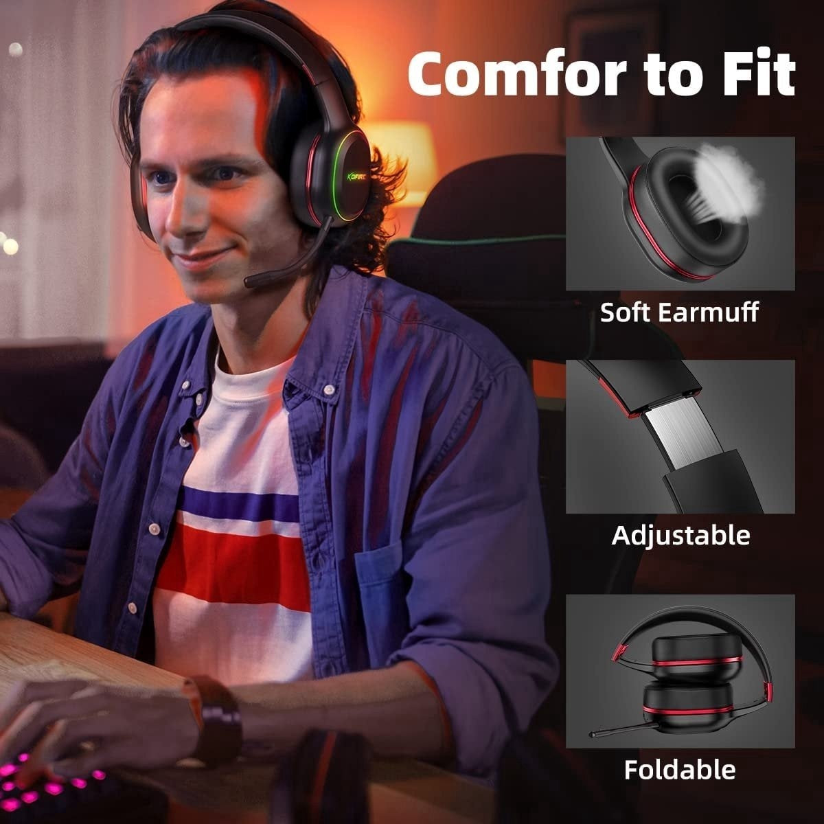 Kofire UG-05 2.4GHz Wireless Gaming Headset - Bluetooth Headset - Abnehmbares Mikrofon - Geeignet für PS4/PS5, Nintendo Switch - Schwarz - Rot