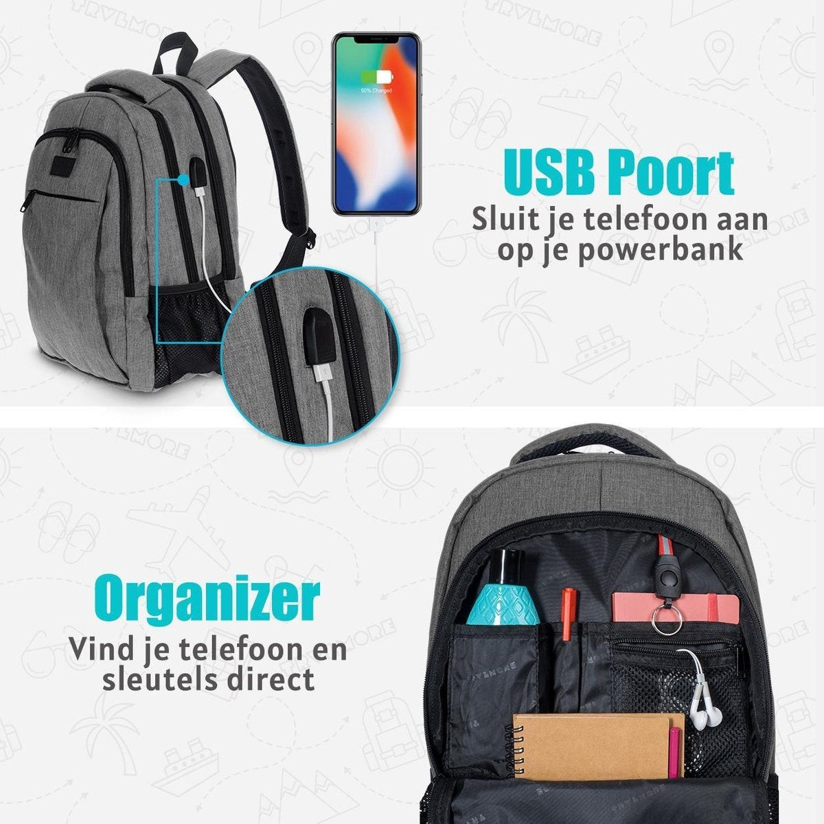 TRVLMORE Rucksack - 28L - 15.6 Zoll - Laptop-Rucksack - Schultasche - Unisex - Spritzwassergeschützt Grau