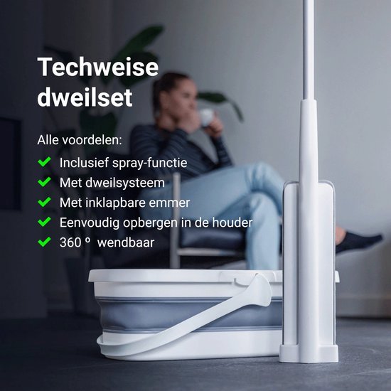 Techweise 4-in-1 Wischsystem mit Spray und klappbarem Eimer mit 2 extra Mikrofasermopps - Wischset mit Sprayfunktion - Bodenwischer - Moppmopp - Moppmopp mit Wringer