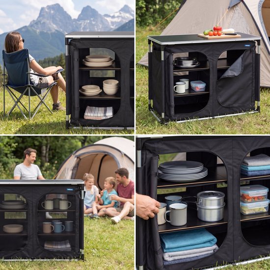 Outdoor-Campingküche – Campingschrank – Außenküche – 6 Fächer – Aluminiumrahmen – verstellbare Beine – grau – Tristar KI-0769