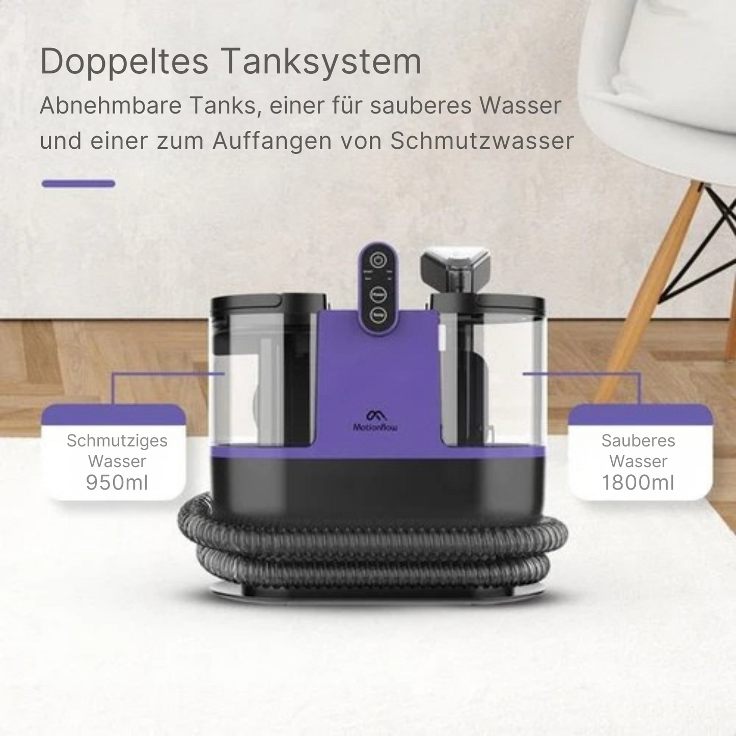 Motionflow Teppichreiniger - Turbo- & Heizfunktion - 1200 W - Schlauchlänge 1,7 Meter - inkl. Reinigungsmittel - Lila
