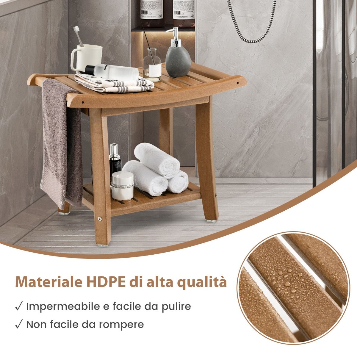 Coast Duschhocker – wasserdicht – geschwungene Sitzfläche – Ablage – braun – 60,5 x 34 x 48 cm
