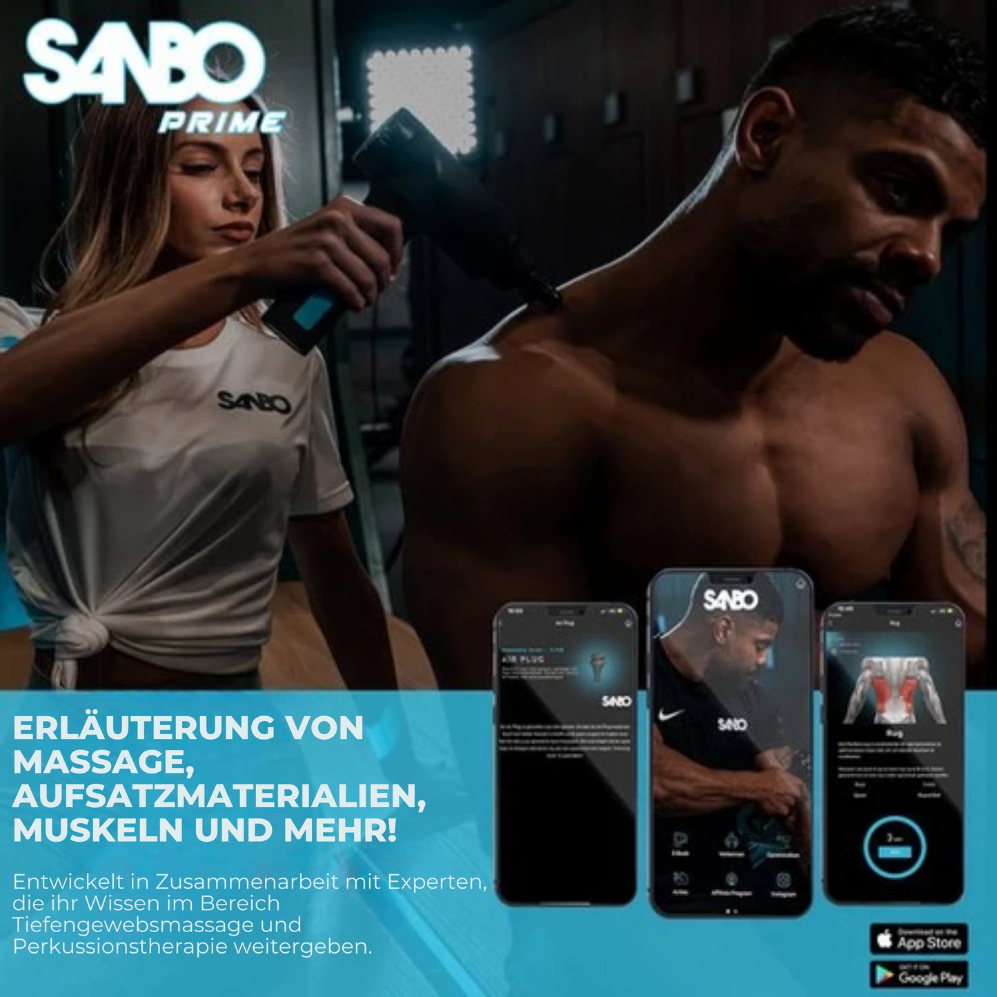 Sanbo Massage Gun Prime - Sport- und Entspannungsmassage - Profi - Inklusive Etui & App - Massagegerät - Fitness - Schwarz/Blau