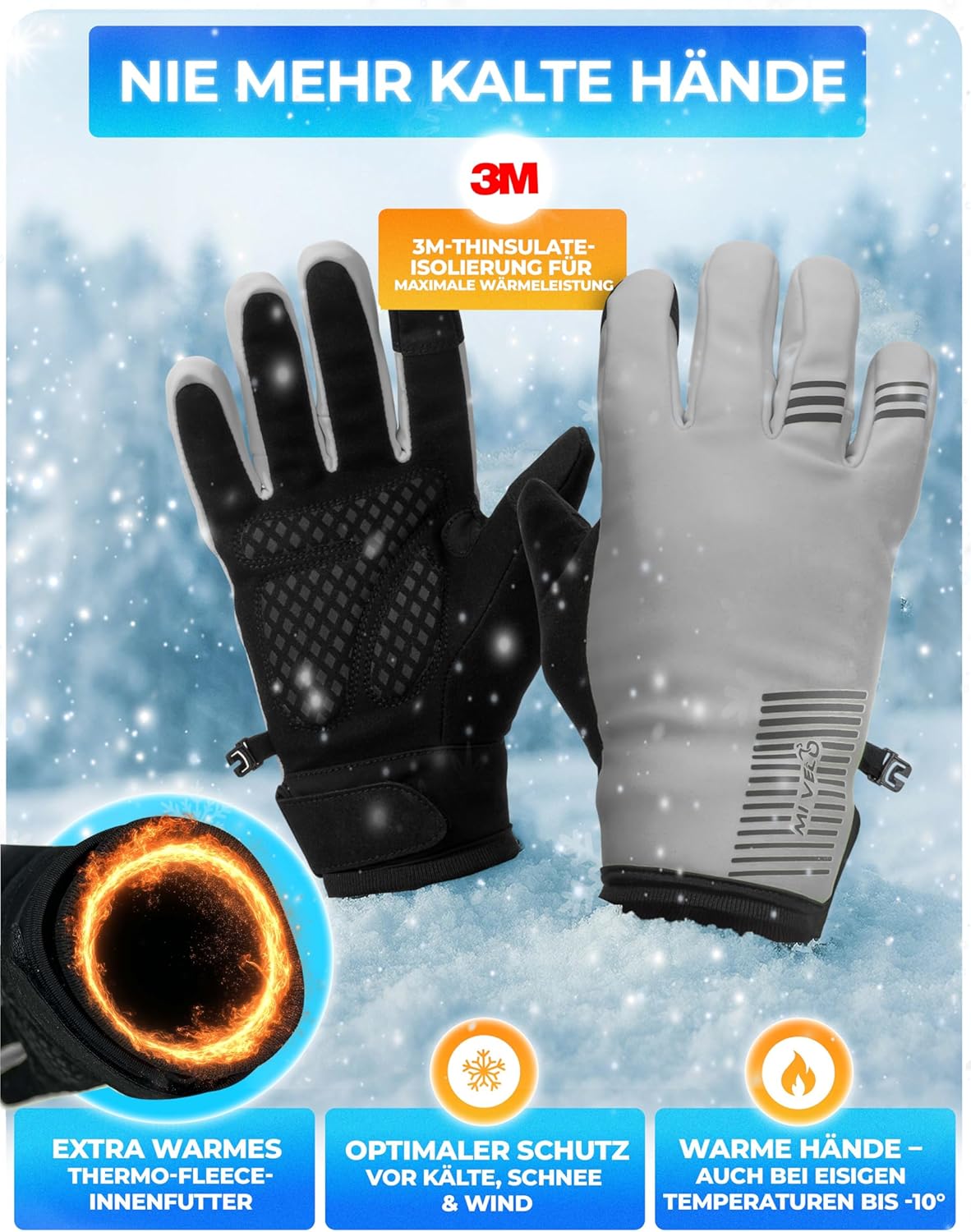 Mivelo Winterhandschuhe - Wind- und wasserdicht - warm - Touchscreen & Anti-Rutsch - voll reflektierend - Größe M