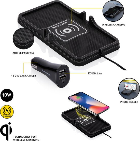 Dunlop Phone Holder Car/ Qi Charger - Wireless Charging - Schnelles Ladegerät - inkl. Autoladegerät und Kabel