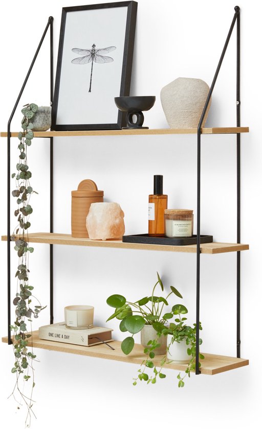 LIFA LIVING Wandregal - Industriell - Rechteckig - Eisen und MDF-Holz - 3 Holzböden