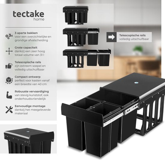 tectake Abfallsammler - Einbauabfallbehälter - Mehrfache Abfalltrennung - Effiziente Aufräumlösung für Küche und Büro - Dreifachbehälter mit Teleskopschienen - 2x 8L + 1x 15L