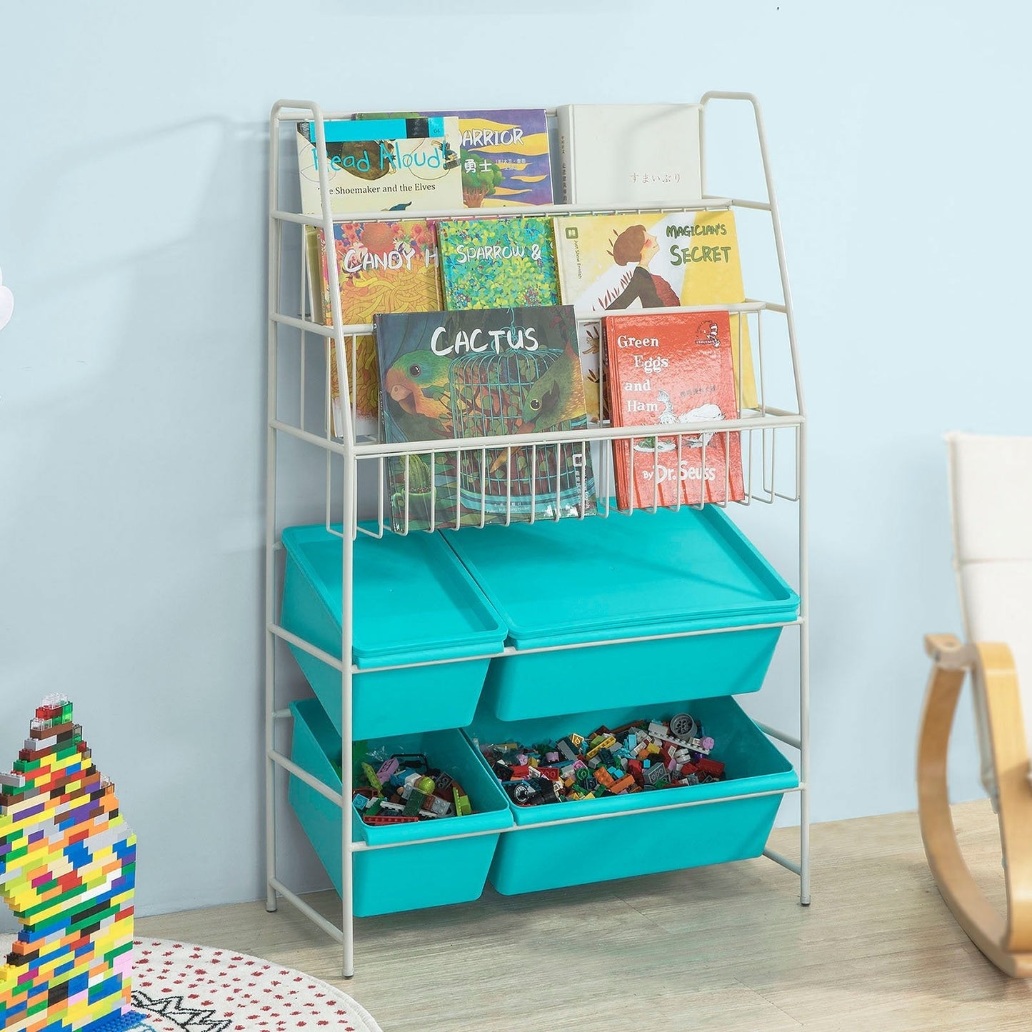 SoBuy Aufbewahrungsregal für Kinder - mit Bücherregal - Max. 50 kg - 61 x 25 x 102 cm - Blau / Weiß