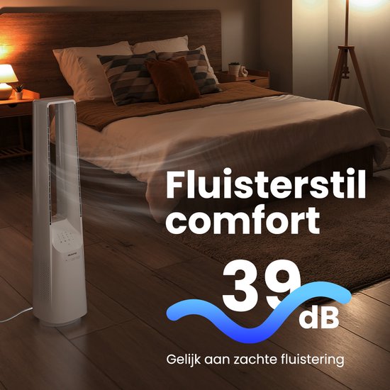 Auronic Turmventilator - Lamellenloses Modell - Luftkühler - Bodenventilator - Leiser Standventilator - 101 CM - 6 Geschwindigkeiten - Ventilator - Mit Zeitschaltuhr - 39 dB - Weiß