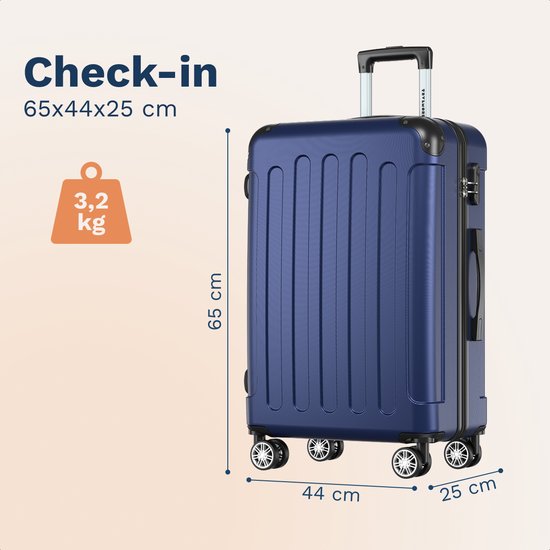 TRVLMORE Reisekoffer, mittelgroß – 65 x 44 x 25 cm – 70 l – Zahlenschloss – 4 um 360° drehbare Rollen – Dunkelblau