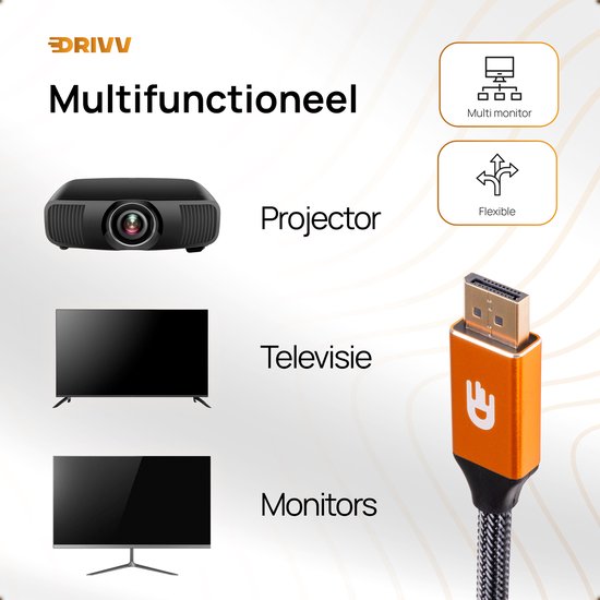 Drivv. Displayport-Kabel - 8K 60Hz - 4K 144 Hz - 32.4GBps - Displayport 1.4 - DP-Kabel - 2 Meter - Orange