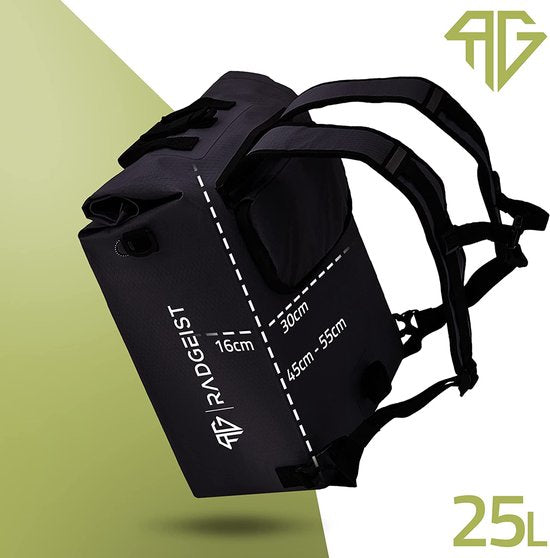 RADGEIST 3-in-1 Fahrradtasche, Fahrradrucksack, Gepäckträgertasche, Umhängetasche, mit Laptopfach, wasserdicht, 25 Liter, schwarz