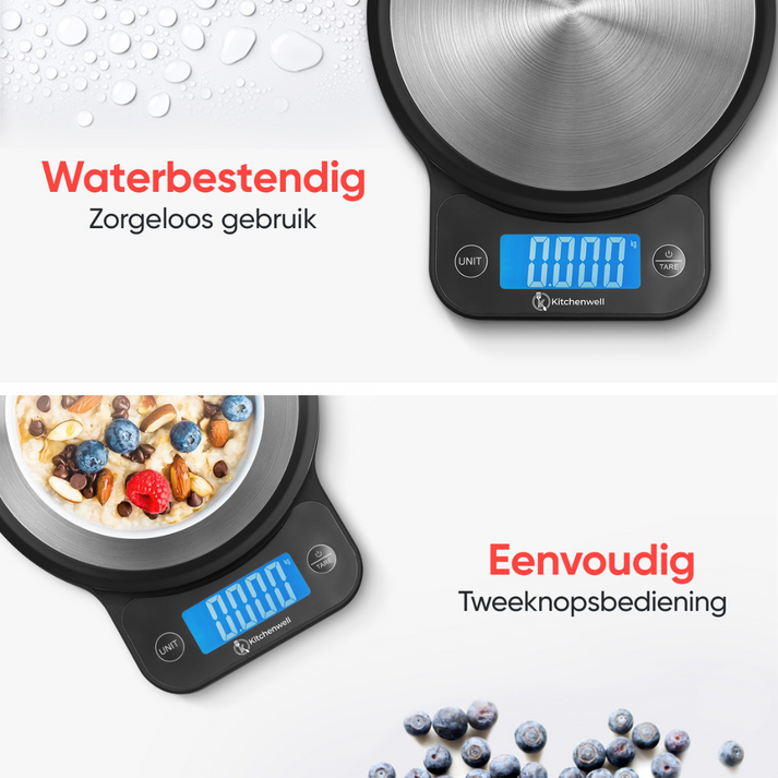 Kitchenwell Küchenwaage – Digital – 1 g–10 kg – LCD – Spritzwassergeschützt