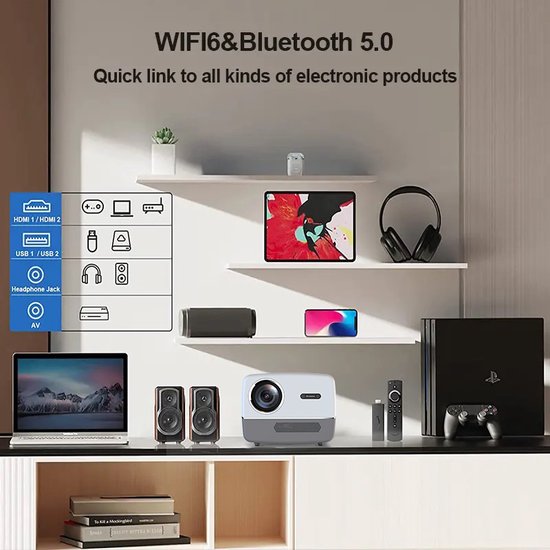 Fuegobird A6 Beamer - 1080P Full HD - Smart Home Projektor - Unterstützung 4K - Android TV 9.0 - 450 ANSI - Streaming mit IOS & Android - Autofokus und 4D Keystone - 2GB RAM+32GB ROM - WiFi6 - 2.4G/5G WiFi - BT5.0 - Netflix/Prime Video/Youtube - Grau
