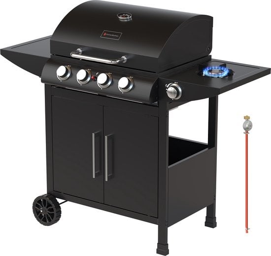 KitchenBrothers Gasgrill - mit Seitenbrenner - 5 Brenner - Mit Gasanschluss - 42x57cm Grillfläche - Schwarz