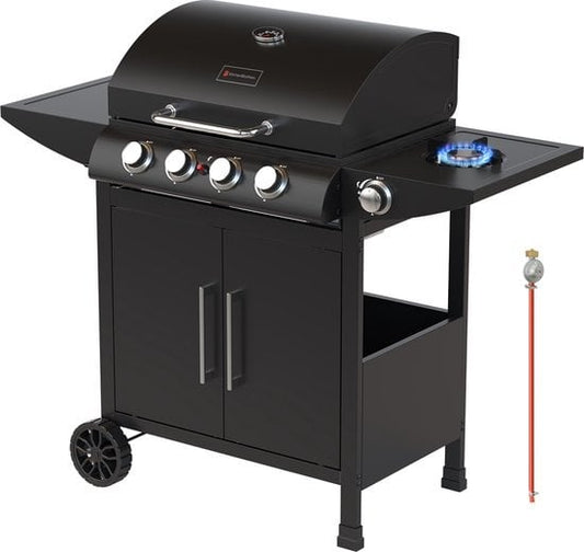 KitchenBrothers Gasgrill - mit Seitenbrenner - 5 Brenner - Mit Gasanschluss - 42x57cm Grillfläche - Schwarz