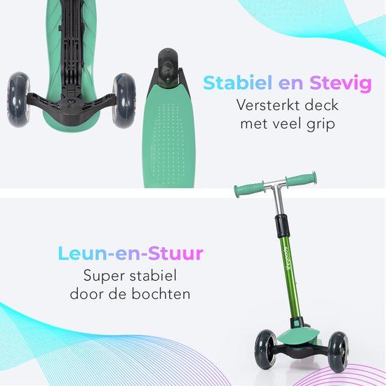 LifeGoods Kinder-Tretroller – Für 2–5-Jährige – 3 leuchtende LED-Räder – Höhenverstellbar – Jungen/Mädchen – Münzgrün