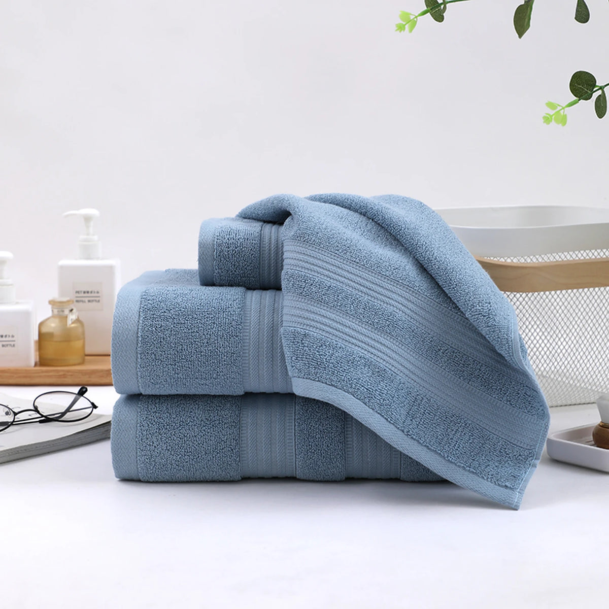 Tuqiang Badetuch-Set, 4er-Set – Blau – 100 % Baumwolle, gebürstetes Garn