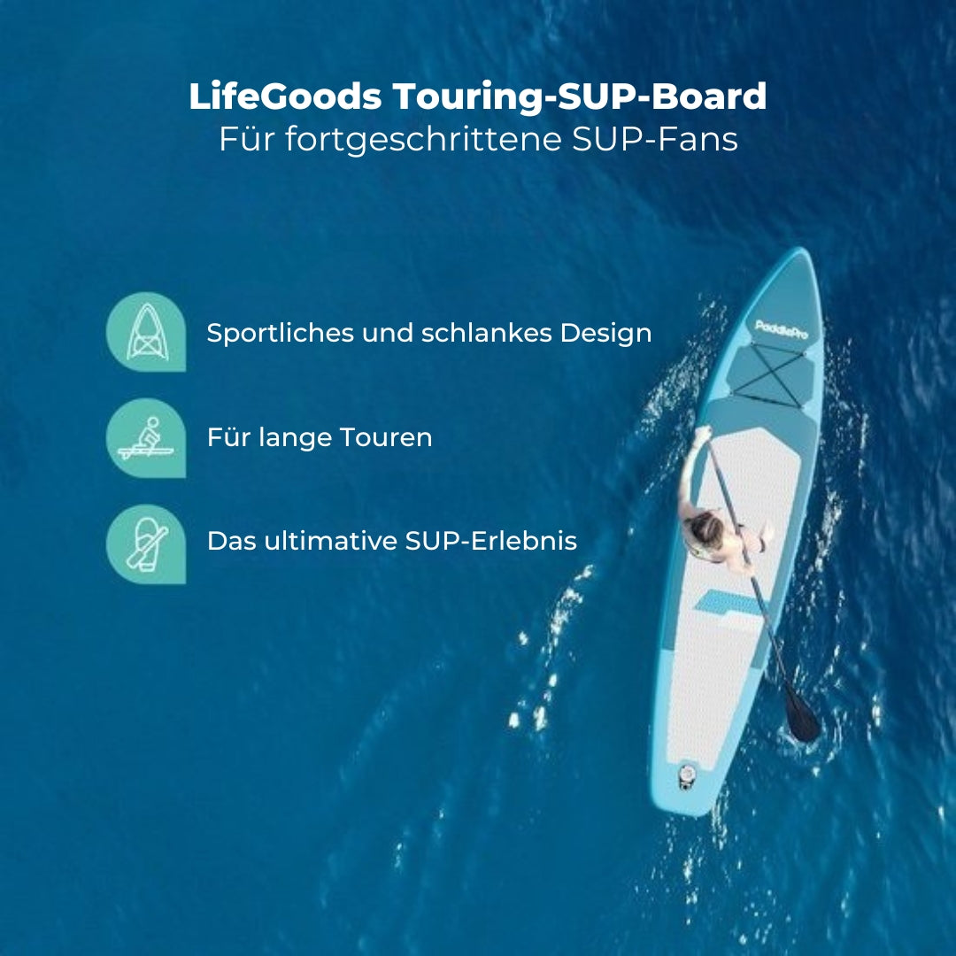 LifeGoods SUP Board Touring - 165 KG Belastbarkeit - Aufblasbar - Komplettes Sup Paket - Blau