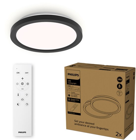 Philips All-in-One-Deckenleuchte – 2er-Pack – mit Fernbedienung – 24 W – LED-Beleuchtung – warmweißes bis kaltweißes Licht; 2700 K bis 6500 K – 30 cm – schwarz – rund