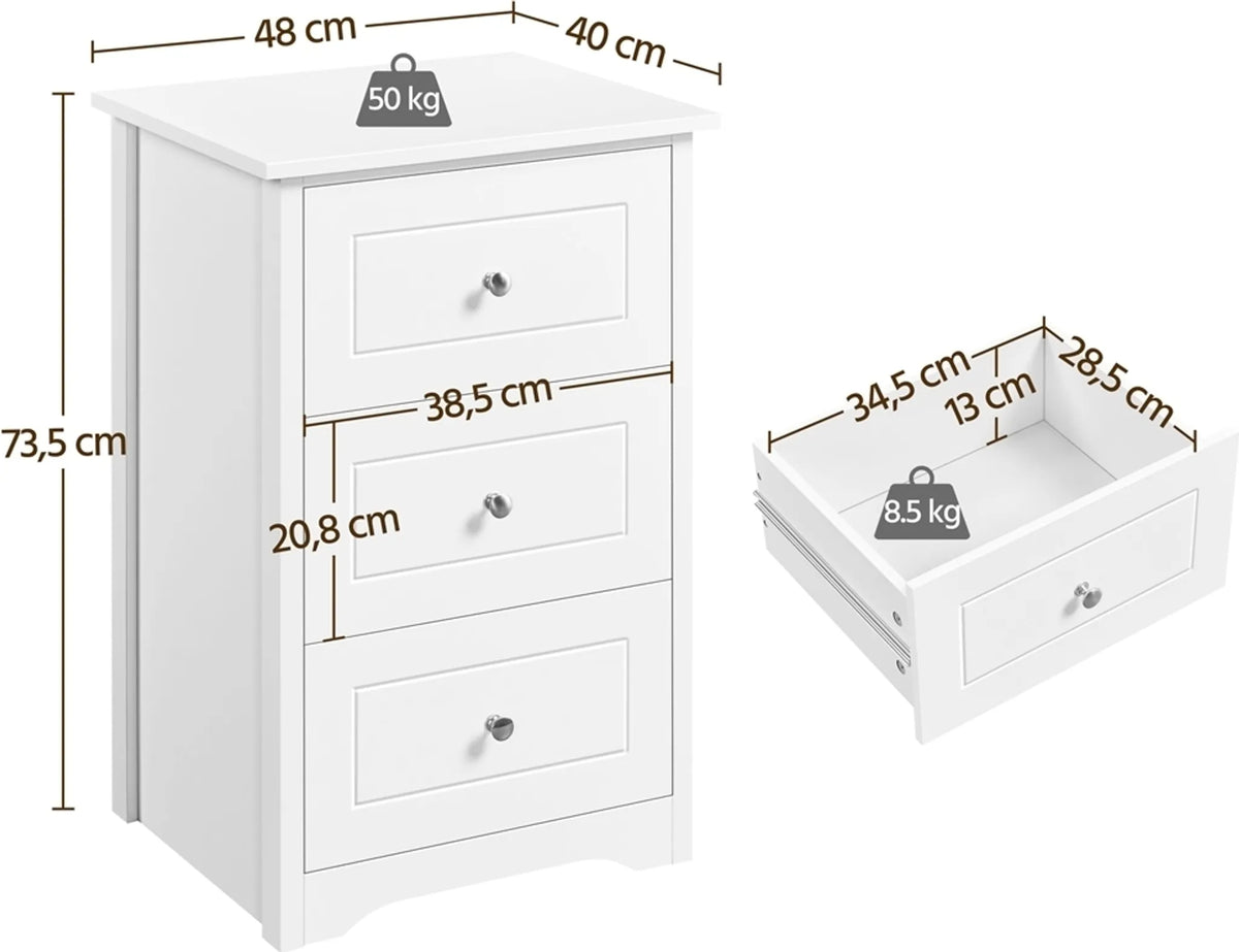 Yaheetech Nachttisch mit 3 Schubladen – Für neben Ihr Boxspringbett – 48 x 40 x 73,5 cm – Weiß