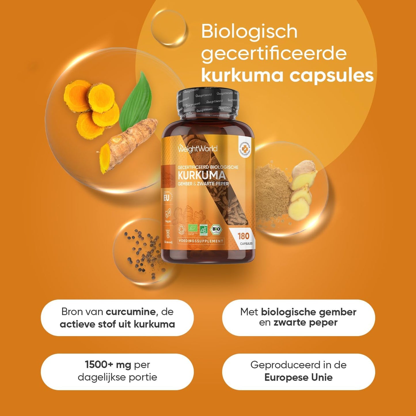 WeightWorld Bio-Kurkuma-Kapseln 1520 mg – Mit Ingwer und schwarzem Pfeffer – 180 vegane Kapseln – 3 Monate