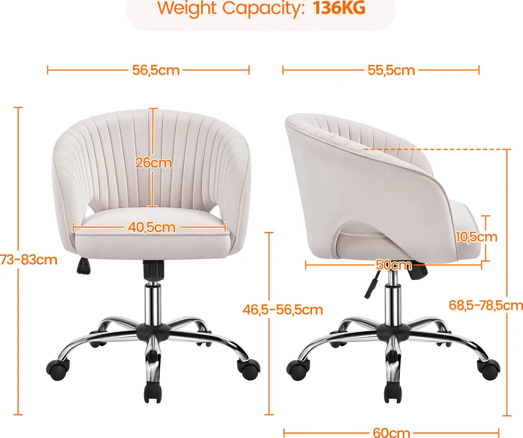 Yaheetech Samt-Bürostuhl mit Armlehnen und Rollen – Beige – 60 x 56,5 x 73–83 cm