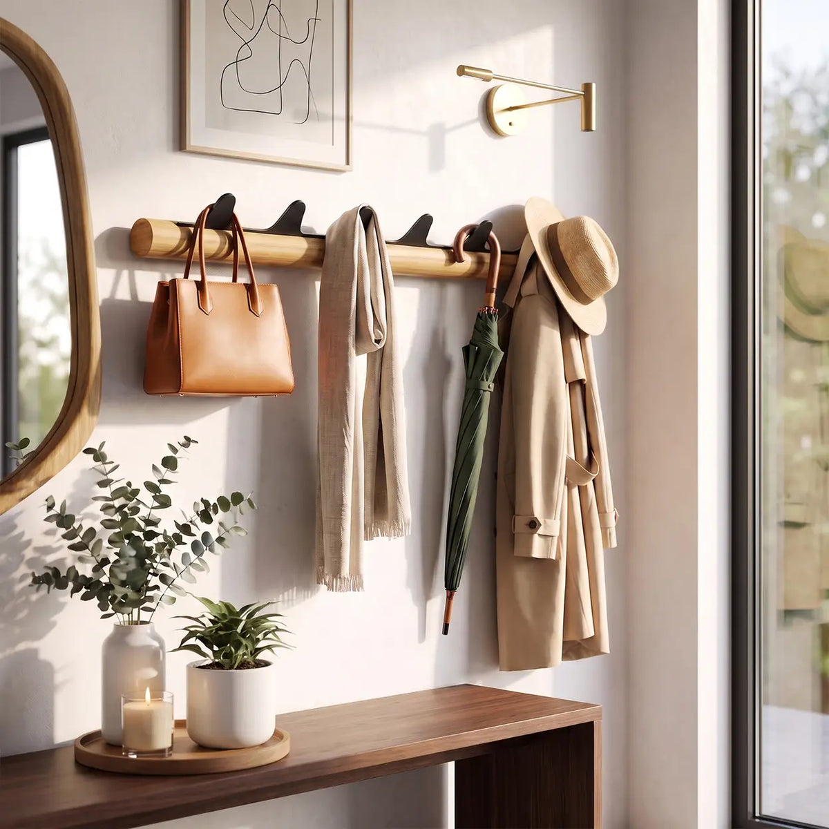 Wkapanou Wandgarderobe mit 6 Haken – FSC-zertifiziertes Kautschukholz & Aluminium – bis zu 30 kg