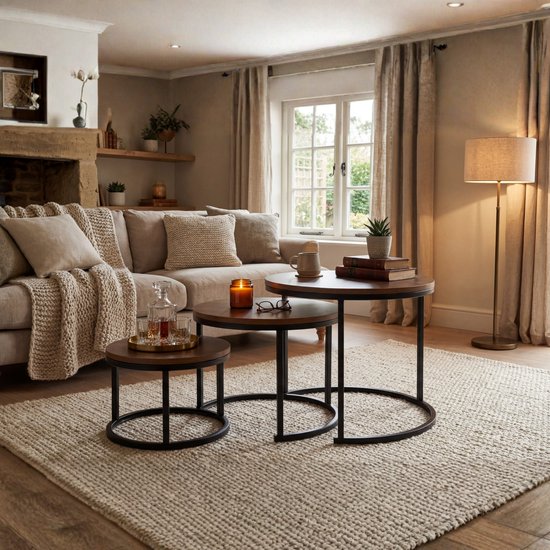 Bayt Couchtisch - Couchtisch-Set - Runder Salontisch - Set 3 Stück - Beistelltisch - Couchtisch - Holz - Braun