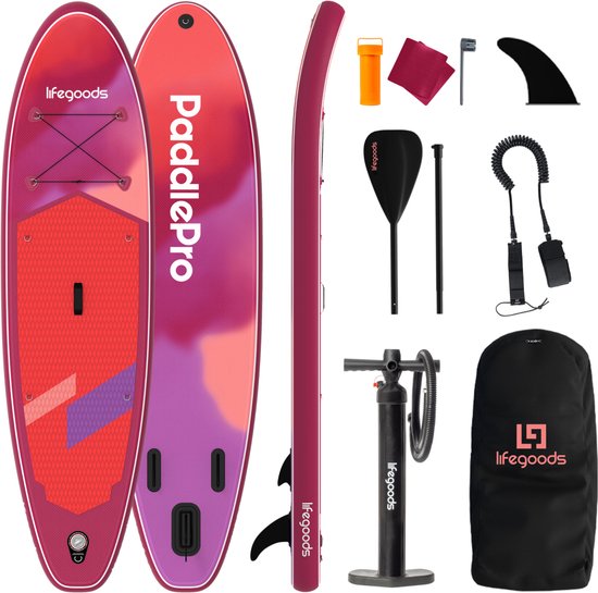 LifeGoods SUP Board All-round Compact - 100 KG Belastbarkeit - 300 x 76 cm - Aufblasbar - Komplettes SUP Paket - Rot/Lila
