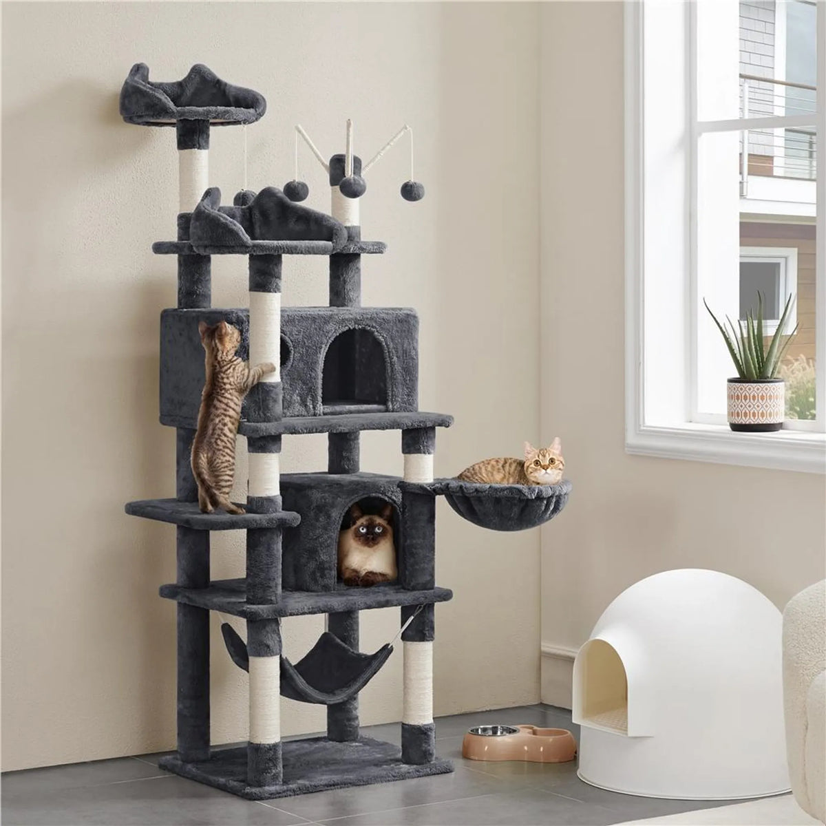Yaheetech Katzenpfosten XXL mit 2 Aussichtsplattformen - Ausgestattet mit 2 Katzenlöchern und Hängematte und 7 Sisalpfosten - Für Haushalte mit mehreren Katzen - Dunkelgrauer Plüsch und Sisal - 55,5 x 45,5 x 170 cm
