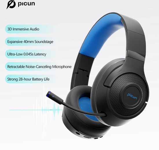 Picun BG-01 Kabellose Kopfhörer - Gaming Headset - Over-ear - Doppelte Modus (Verkabelt/Bluetooth) - Multi Plattform - Schwarz Blau
