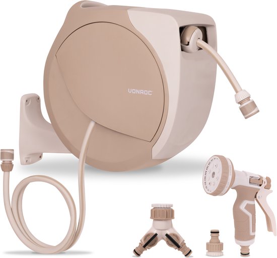 VONROC Automatische Schlauchtrommel – Wandschlauchbox – inkl. 20 m Premium-Gartenschlauch, Spritzpistole mit 8 Einstellungen und Anschlüssen – beige