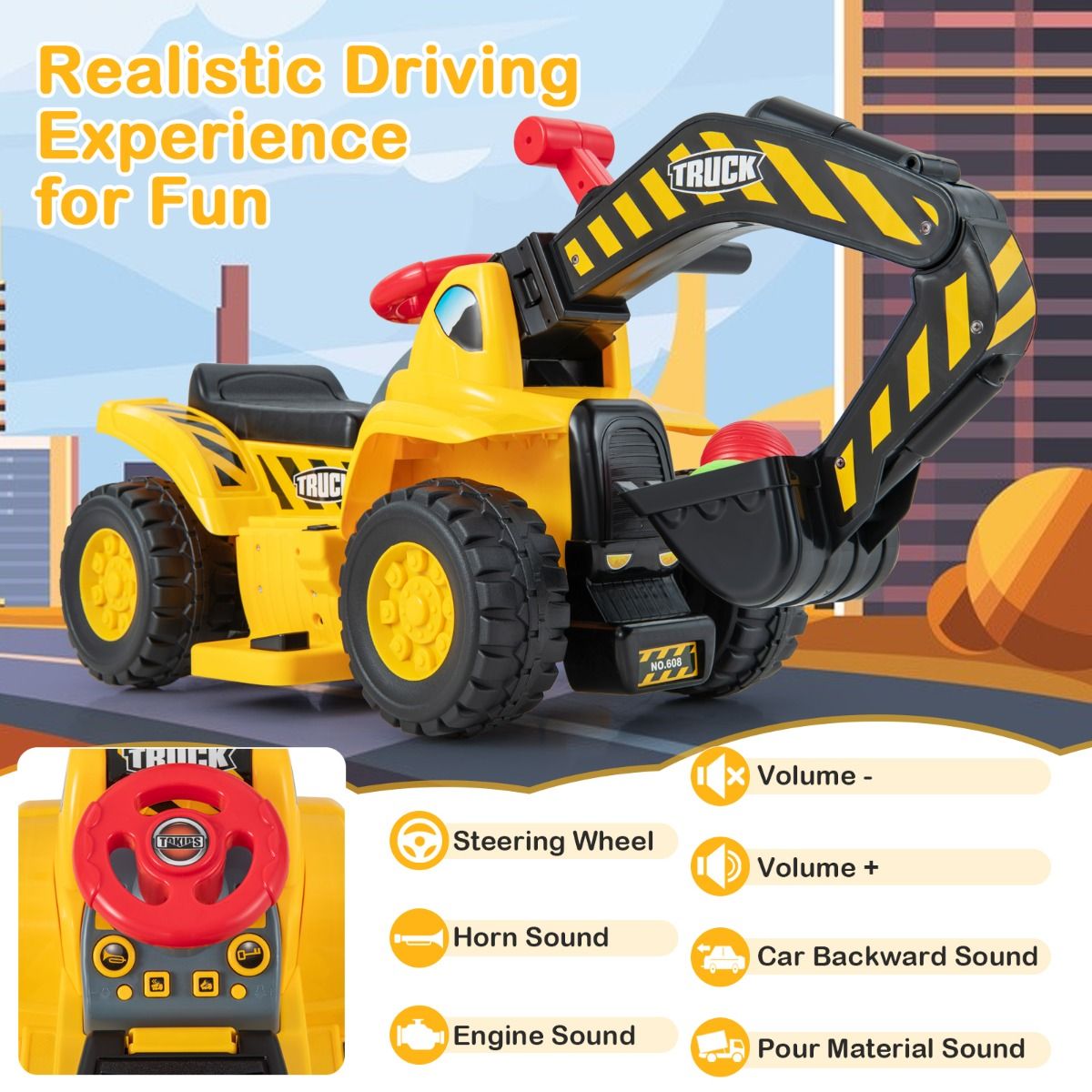 Coast Elektrischer Bagger für Kinder – Mit steuerbarer Schaufel – Soundeffekte – Gelb und Schwarz