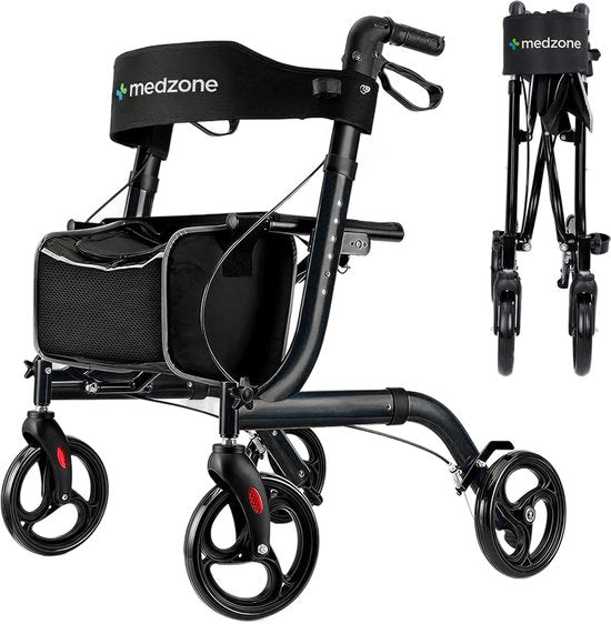 Medzone Rollator leicht und faltbar - für drinnen und draußen - Sitzfunktion - Rückenlehne und Gehstockhalterung - Schwarz