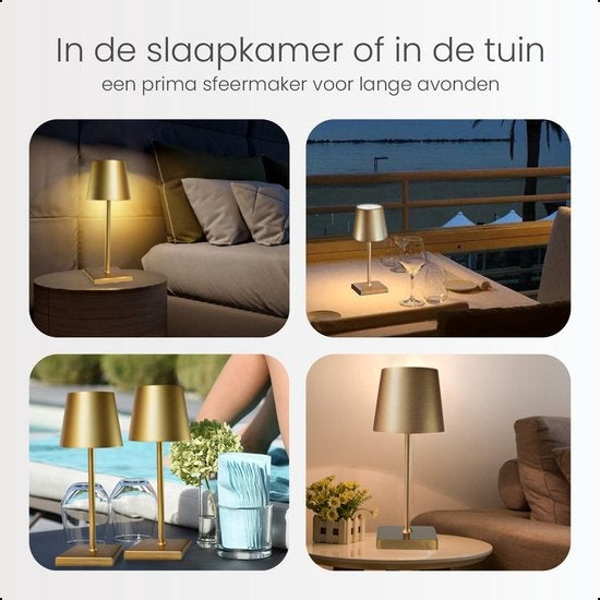 Goliving Tischlampe Wiederaufladbar - Kabellos und dimmbar - Moderne Touch-Lampe - Nachtlampe für das Schlafzimmer - 26 cm - Gold
