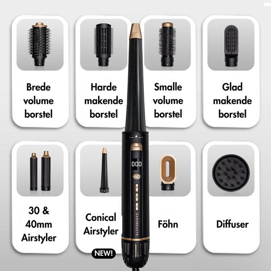 Sansbeauté® 9-in-1 Airstyler mit Diffusor und Aufbewahrungsbox - Multistyler - Haartrocknerbürste kurzes Haar - Lockenstab - Haarstyler - Haartrockner - Wärmebürste - Lockenbürste - Lockenstab - Haarglätter - Stylingbürste - 5 in 1 Hairstyler