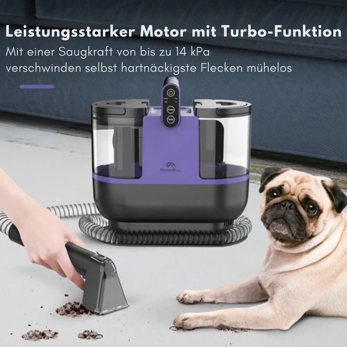 Motionflow 4-in-1 Teppichreiniger - 1800 ml Wassertank - Heizfunktion - Selbstreinigend - 40 x 28 x 38 cm - Lila