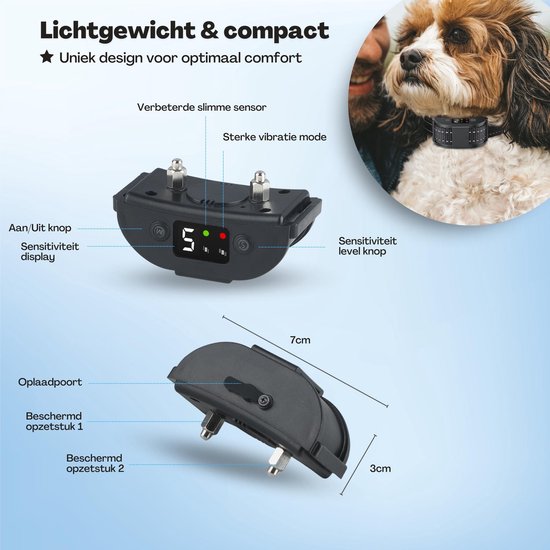 Anti-Bell-Halsband Pro - stoßfreies Erziehungshalsband - für kleine und große Hunde - wasserdicht - wiederaufladbar - Vibration und Audio - 2 zusätzliche Halsbänder