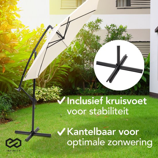 Infinity Goods Zweefparasol - 300CM - Incl. Kruisvoet - Waterdicht - Draai- en kantelbaar - Verstelbare Hoogte - Creme