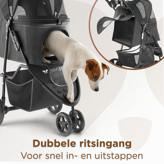 TrevoPet® Zusammenklappbarer Hundebuggy - für kleine und mittelgroße Hunde bis 15 kg - wasserabweisend mit Becherhalterung, Aufbewahrungskorb - Schwarz