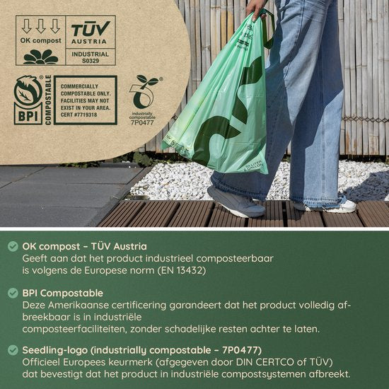 Deleca 30 Liter Müllbeutel (30 Stück) - Biologisch abbaubare GFT-Müllbeutel - Inkl. Spender - Für Mülltrennung Treteimer & Abfalleimer - 51x72 cm / 100% kompostierbare Bio-Beutel