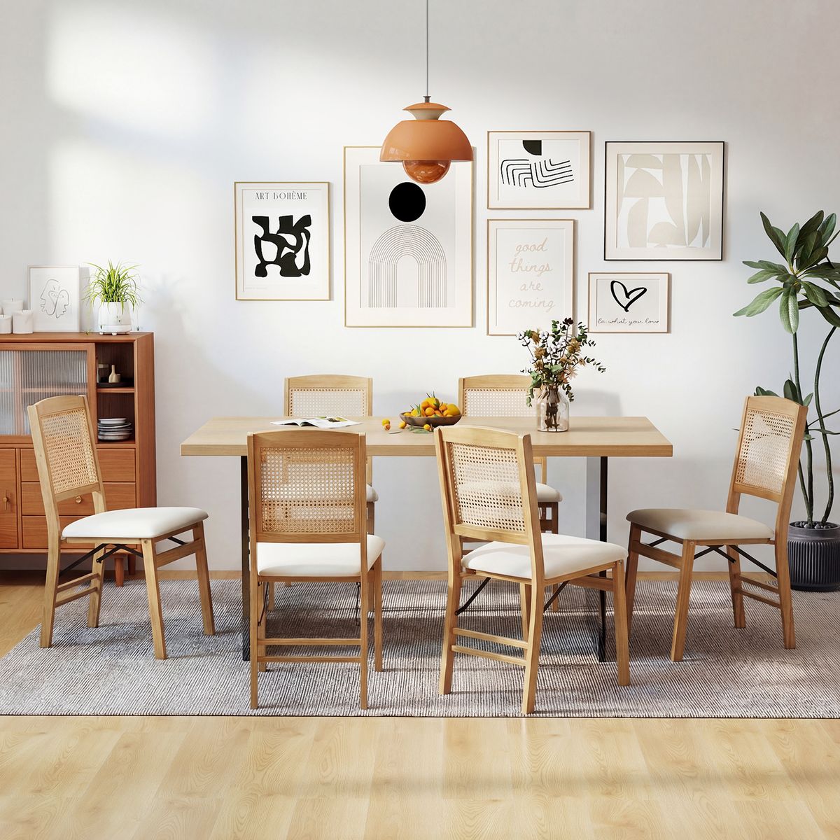 Coast Klappbare Esszimmerstühle, 2er-Set – Holz und PE-Rattan – Sitzfläche aus Leinen – Naturfarben