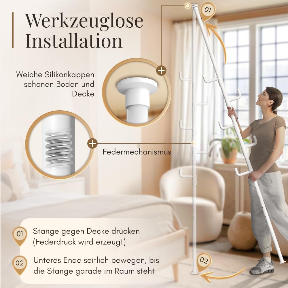 LOBUX® - Garderobenständer ausziehbar, 5 Haken [weiß, 110-310cm] - Teleskop-Garderobenständer stabil - platzsparender Metall-Garderobenständer - Dienerschaftständer Schlafzimmer - Flurgarderobe - Kleiderständer Balkon
