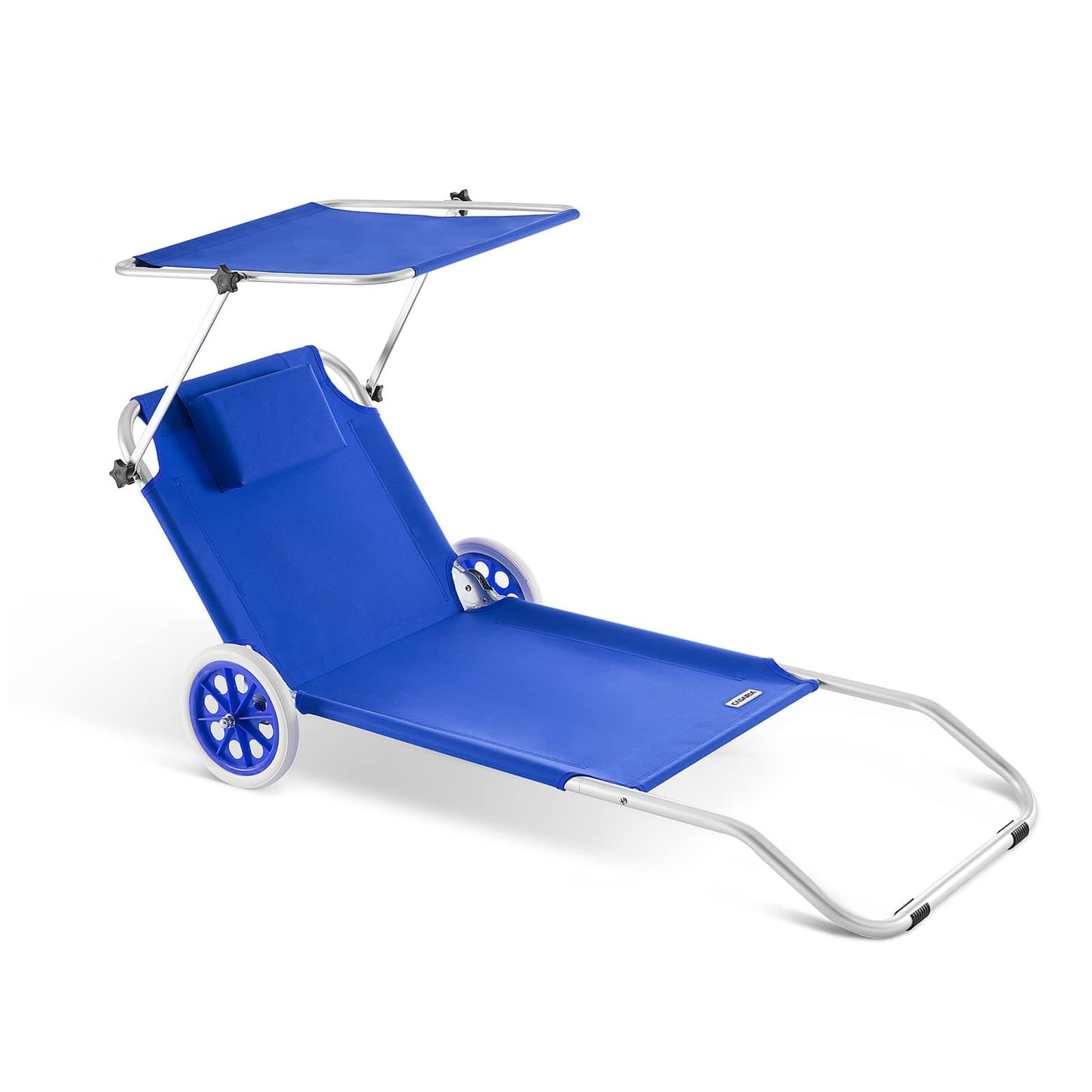 Casaria Liege Kreta – Blau – Aluminium – Zusammenklappbar mit Rollen, Sonnenschirm und Kopfkissen – 150 x 52 cm