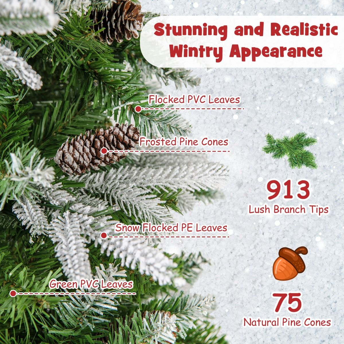 Coast Künstlicher Weihnachtsbaum 225 cm Grün/Weiß - Vorbeleuchtet mit Warm White LED - Scharnierkonstruktion - 913 Zweige - Mit Schnee und Tannenzapfen