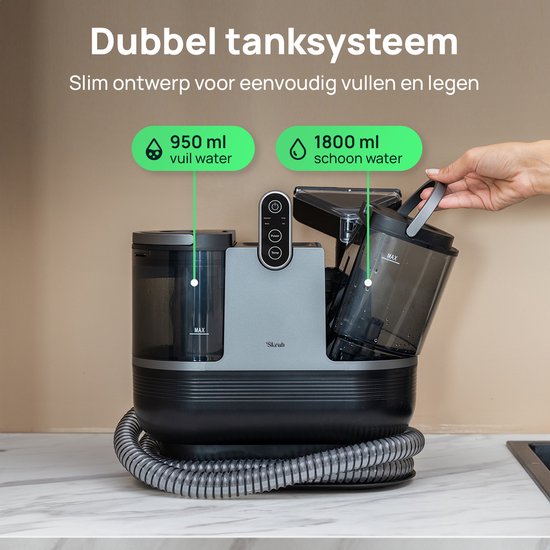 Skrub 4 in 1 Kompakt-Teppichreiniger mit Heißwasser - Beheizt bis 60°C - Fleckenreiniger - 4 Aufsätze - 1200 Watt - Sofa-Reinigungsmaschine