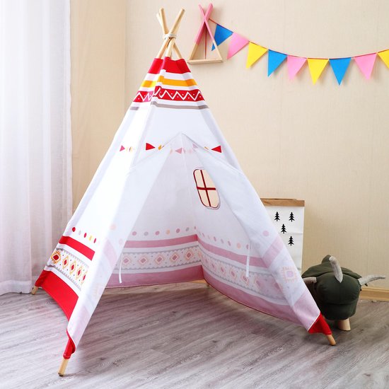 Sunny LED-Tipi-Zelt Rot/Weiß – 60 LED-Lämpchen – FSC-zertifizierte Holzstangen – 120 x 120 x 160 cm
