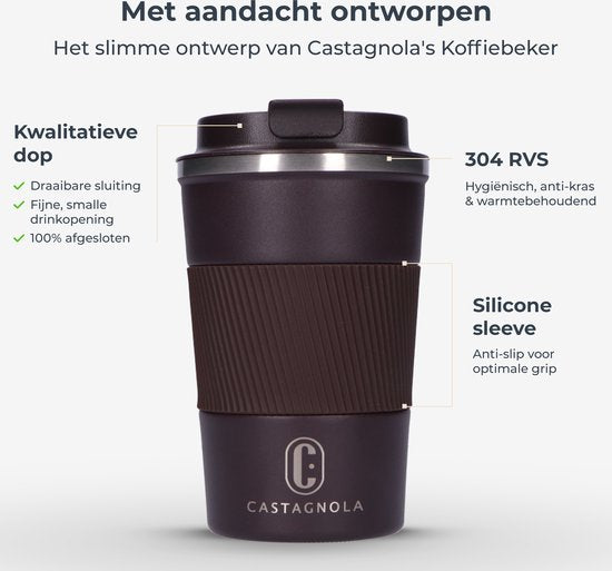 Castagnola Thermos Cup - Kaffeebecher To Go - Reisebecher für Kaffee und Tee - Teebecher - 380 ML - Edelstahl - Braun